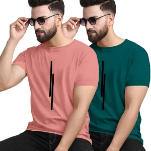 KAJARU Pack of 2 Men Striped Round Neck Polyester Pink, Dark Green T-Shirt