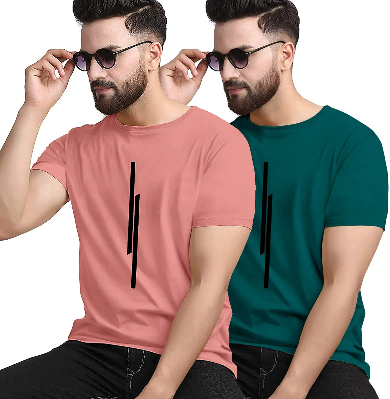 KAJARU Pack of 2 Men Striped Round Neck Polyester Pink, Dark Green T-Shirt