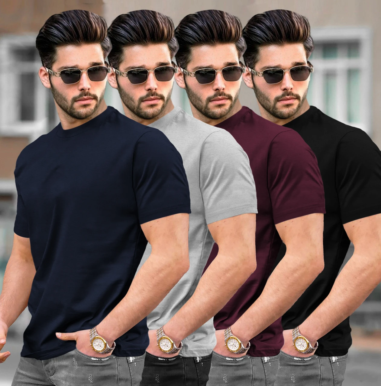TRIPR Pack of 4 Men Solid Round Neck Cotton Blend Multicolor T-Shirt